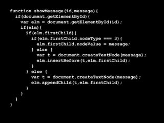 function showMessage(id,message){ if(document.getElementById){  var elm = document.getElementById(id); if(elm){ if(elm.firstChild){ if(elm.firstChild.nodeType === 3){ elm.firstChild.nodeValue = message; } else { var t = document.createTextNode(message); elm.insertBefore(t,elm.firstChild);  } } else { var t = document.createTextNode(message); elm.appendChild(t,elm.firstChild);  }   } } } 