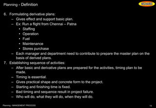 Planning - Definition
6. Formulating derivative plans:
– Gives effect and support basic plan.
– Ex: Run a flight from Chennai – Patna
• Staffing
• Operation
• Fuel
• Maintenance
• Stores purchase
– Each manager and department need to contribute to prepare the master plan on the
basis of derived plans.
7. Establishing sequence of activities:
– After basic and derivative plans are prepared for the activities, timing plan to be
made.
– Timing is essential.
– Gives practical shape and concrete form to the project.
– Starting and finishing time is fixed.
– Bad timing and sequence result in project failure.
– Who will do, what they will do, when they will do.
14Planning - MANGEMENT PROCESS
 