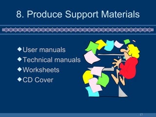 8. Produce Support Materials User manuals Technical manuals Worksheets CD Cover 
