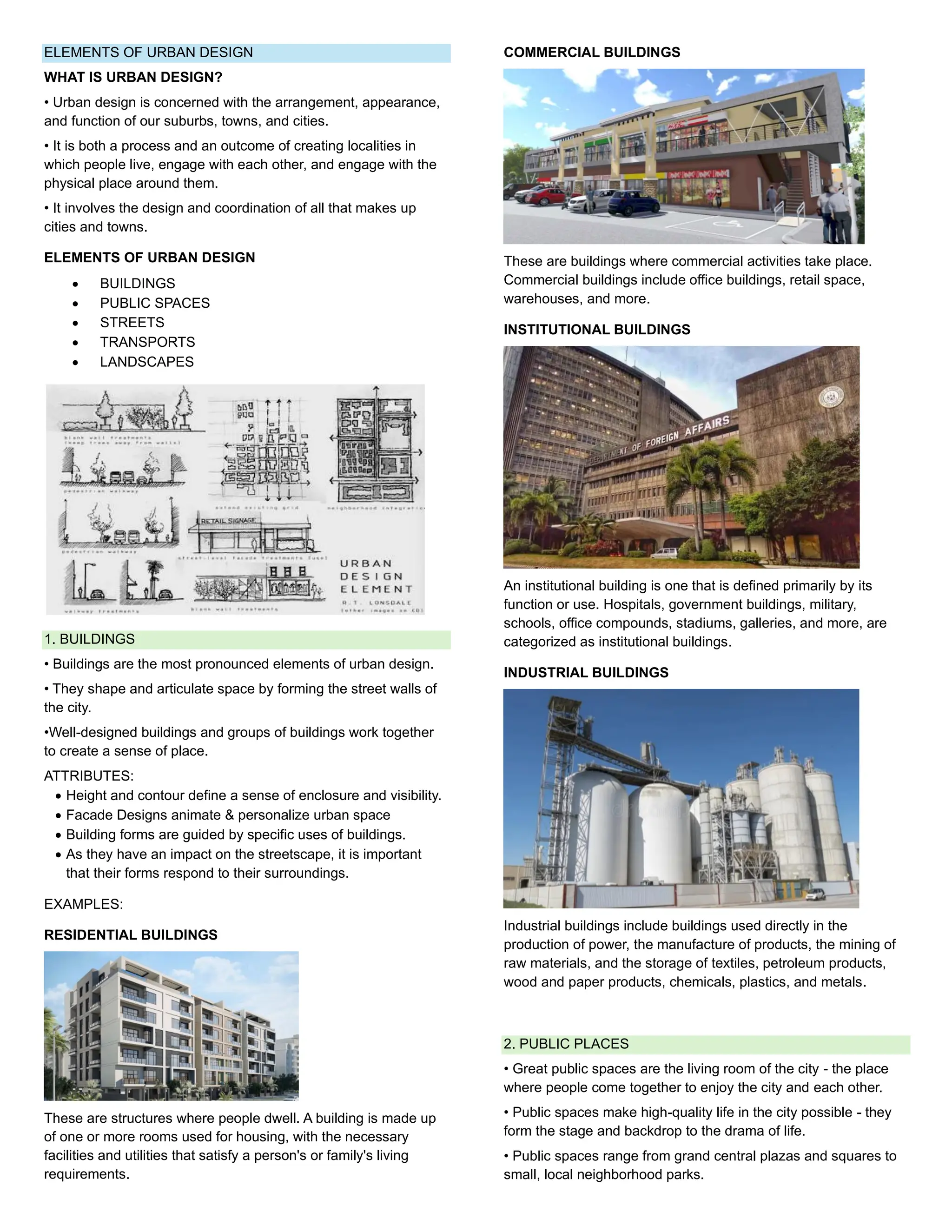 ELEMENTS OF URBAN DESIGN
WHAT IS URBAN DESIGN?
• Urban design is concerned with the arrangement, appearance,
and function of our suburbs, towns, and cities.
• It is both a process and an outcome of creating localities in
which people live, engage with each other, and engage with the
physical place around them.
• It involves the design and coordination of all that makes up
cities and towns.
ELEMENTS OF URBAN DESIGN
• BUILDINGS
• PUBLIC SPACES
• STREETS
• TRANSPORTS
• LANDSCAPES
1. BUILDINGS
• Buildings are the most pronounced elements of urban design.
• They shape and articulate space by forming the street walls of
the city.
•Well-designed buildings and groups of buildings work together
to create a sense of place.
ATTRIBUTES:
• Height and contour define a sense of enclosure and visibility.
• Facade Designs animate & personalize urban space
• Building forms are guided by specific uses of buildings.
• As they have an impact on the streetscape, it is important
that their forms respond to their surroundings.
EXAMPLES:
RESIDENTIAL BUILDINGS
These are structures where people dwell. A building is made up
of one or more rooms used for housing, with the necessary
facilities and utilities that satisfy a person's or family's living
requirements.
COMMERCIAL BUILDINGS
These are buildings where commercial activities take place.
Commercial buildings include office buildings, retail space,
warehouses, and more.
INSTITUTIONAL BUILDINGS
An institutional building is one that is defined primarily by its
function or use. Hospitals, government buildings, military,
schools, office compounds, stadiums, galleries, and more, are
categorized as institutional buildings.
INDUSTRIAL BUILDINGS
Industrial buildings include buildings used directly in the
production of power, the manufacture of products, the mining of
raw materials, and the storage of textiles, petroleum products,
wood and paper products, chemicals, plastics, and metals.
2. PUBLIC PLACES
• Great public spaces are the living room of the city - the place
where people come together to enjoy the city and each other.
• Public spaces make high-quality life in the city possible - they
form the stage and backdrop to the drama of life.
• Public spaces range from grand central plazas and squares to
small, local neighborhood parks.
 