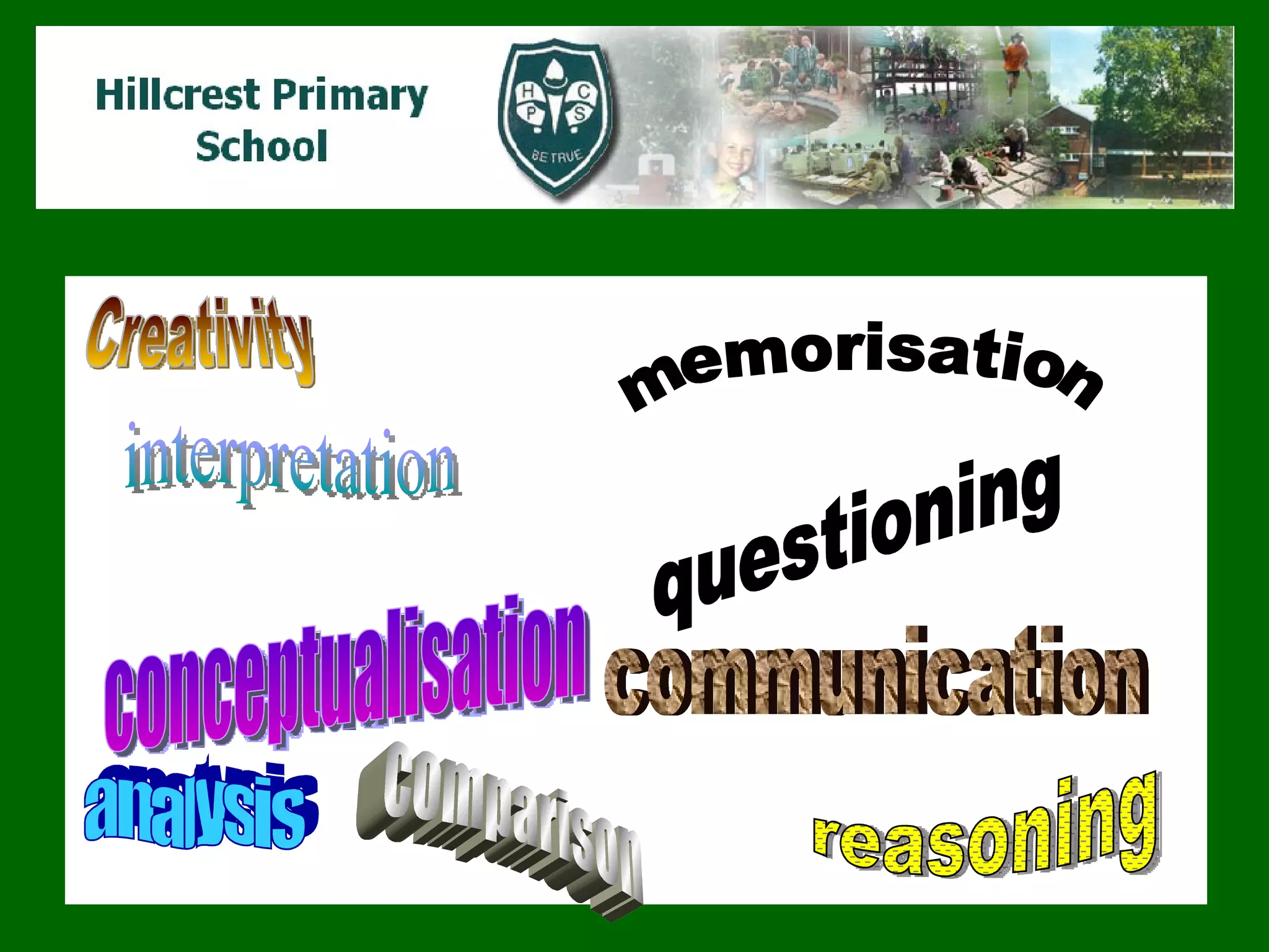 Creativity questioning memorisation conceptualisation communication analysis comparison reasoning interpretation 