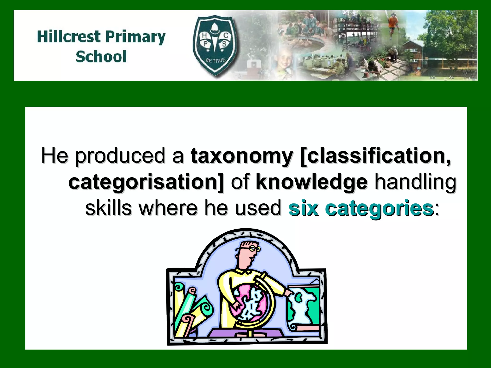 He produced a  taxonomy [classification, categorisation]  of  knowledge  handling skills where he used  six categories : 