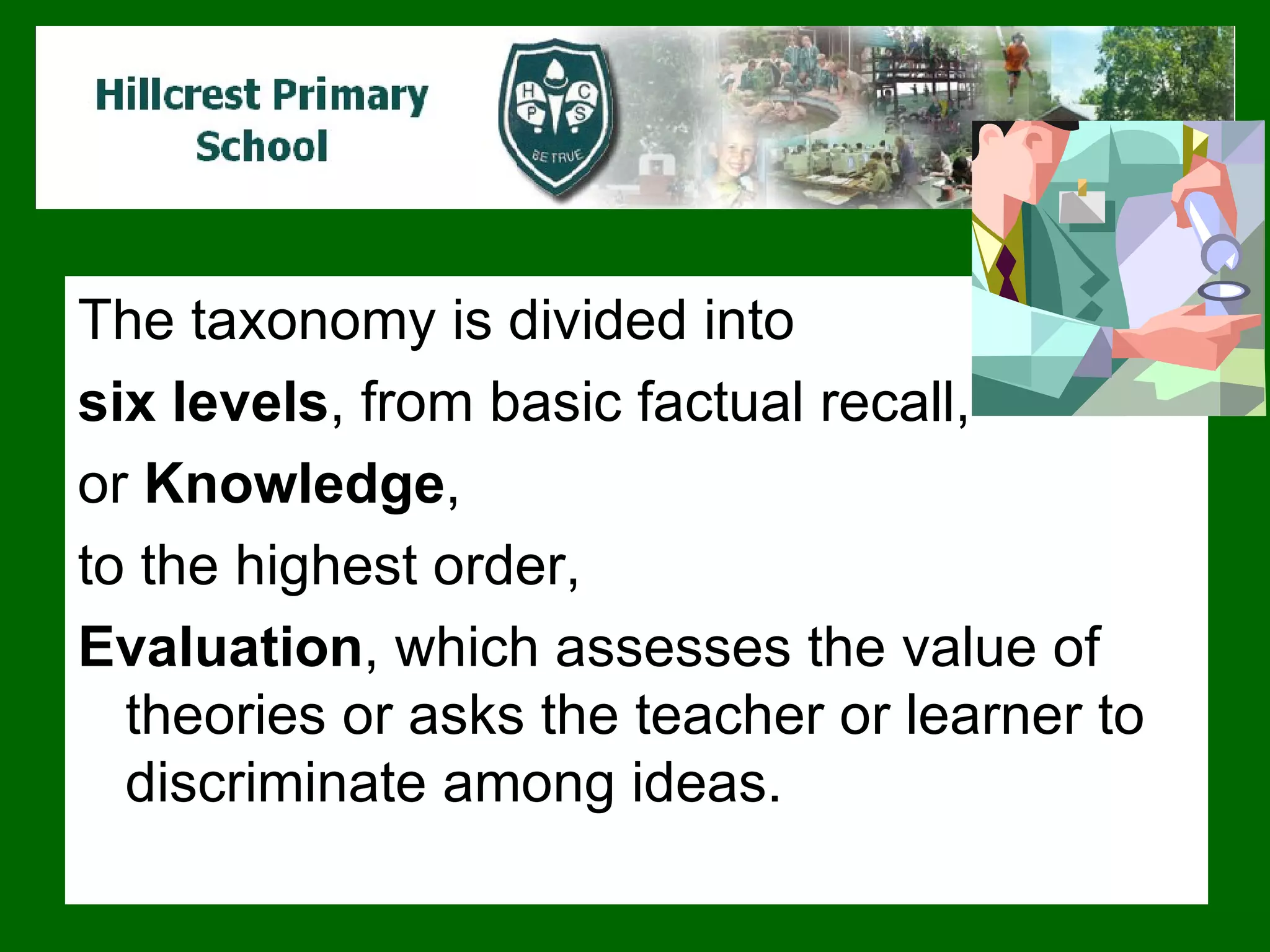 The taxonomy is divided into  six levels , from basic factual recall,  or  Knowledge ,  to the highest order,  Evaluation , which assesses the value of theories or asks the teacher or learner to discriminate among ideas.  