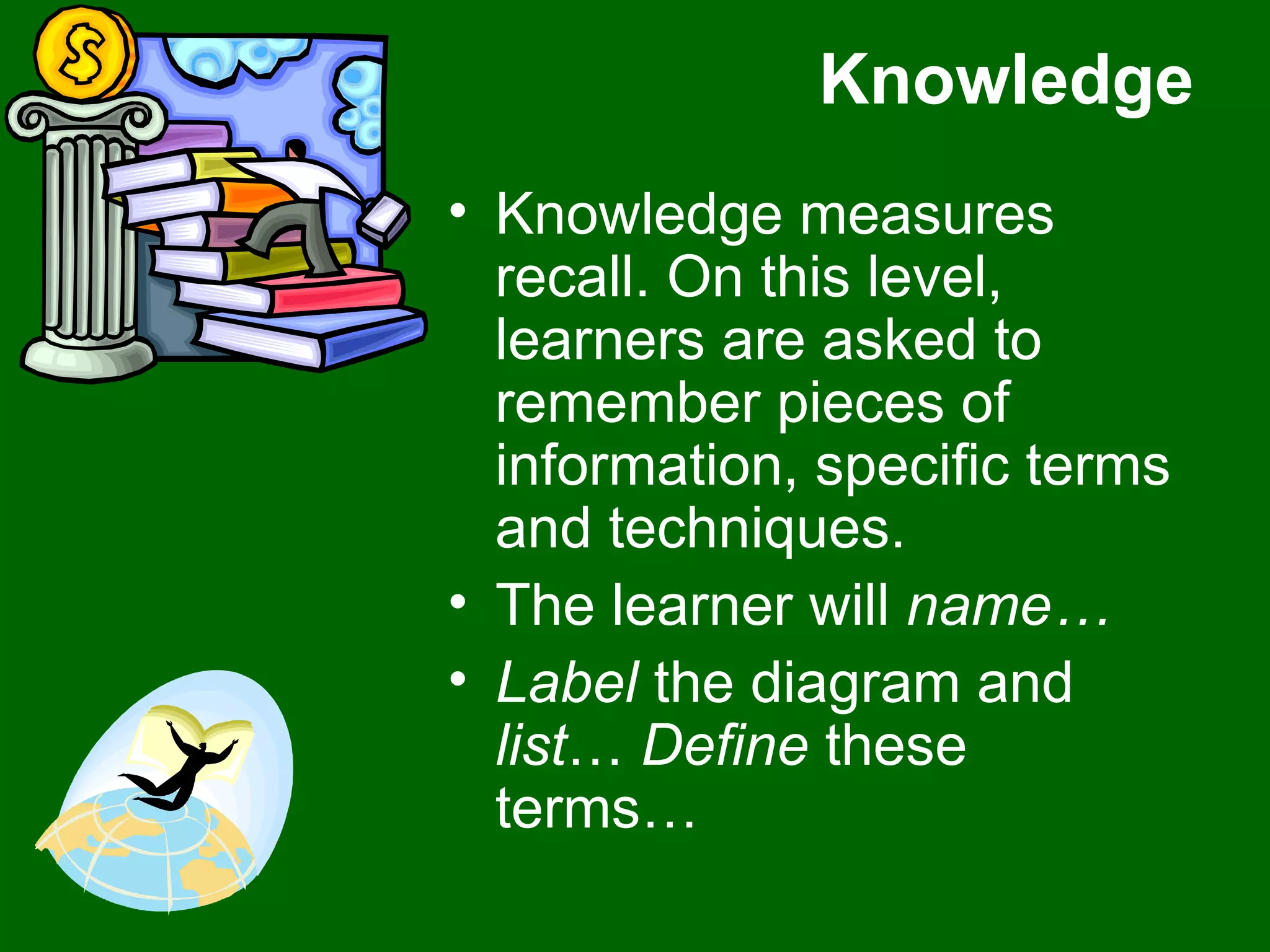 Knowledge Knowledge measures recall. On this level, learners are asked to remember pieces of information, specific terms and techniques.  The learner will  name…   Label  the diagram and  list …  Define  these terms…  