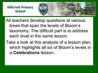 All teachers develop questions at various times that span the levels of Bloom’s taxonomy. The difficult part is to address each level in the same lesson.  Take a look at this analysis of a lesson plan, which highlights all six of Bloom’s levels in a  Celebrations  lesson.  