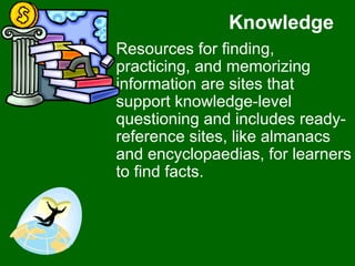 Knowledge Resources for finding, practicing, and memorizing information are sites that support knowledge-level questioning and includes ready-reference sites, like almanacs and encyclopaedias, for learners to find facts.  