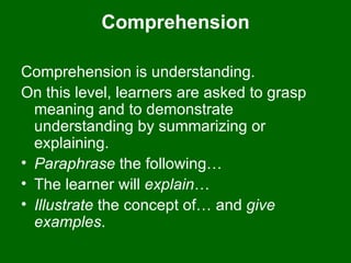 Comprehension Comprehension is understanding.  On this level, learners are asked to grasp meaning and to demonstrate understanding by summarizing or explaining. Paraphrase  the following…  The learner will  explain …  Illustrate  the concept of… and  give examples .  