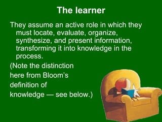 The learner They assume an active role in which they must locate, evaluate, organize, synthesize, and present information, transforming it into knowledge in the process.  (Note the distinction  here from Bloom’s  definition of  knowledge — see below.) 