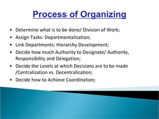 • Determine what is to be done/ Division of Work;
• Assign Tasks: Departmentalization;
• Link Departments: Hierarchy Development;
• Decide how much Authority to Designate/ Authority,
Responsibility and Delegation;
• Decide the Levels at which Decisions are to be made
/Centralization vs. Decentralization;
• Decide how to Achieve Coordination;
Process of Organizing
 