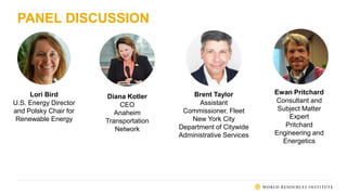 PANEL DISCUSSION
Lori Bird
U.S. Energy Director
and Polsky Chair for
Renewable Energy
Diana Kotler
CEO
Anaheim
Transportation
Network
Brent Taylor
Assistant
Commissioner, Fleet
New York City
Department of Citywide
Administrative Services
Ewan Pritchard
Consultant and
Subject Matter
Expert
Pritchard
Engineering and
Energetics
 