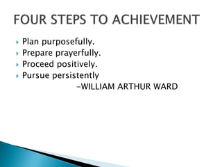  Plan purposefully.
 Prepare prayerfully.
 Proceed positively.
 Pursue persistently
-WILLIAM ARTHUR WARD
 