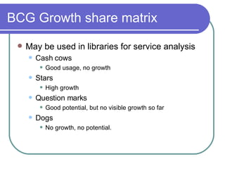 BCG Growth share matrix May be used in libraries for service analysis Cash cows Good usage, no growth Stars High growth Question marks Good potential, but no visible growth so far Dogs No growth, no potential. 