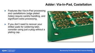 Manufacturing That Eliminates Risk & Improves Reliability
14
Adder: Via-In-Pad, Castellation
 Features like Via-in-Pad processing
and castellations (edge plated
holes) require careful handling, and
significant extra processing.
 If you don’t need to recover your
drilled pads for soldering later,
consider using just a plug without a
plating cap.
 