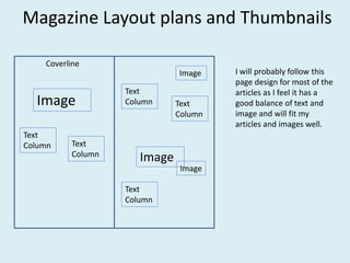 Magazine Layout plans and Thumbnails
Coverline
Text
Column Text
Column
Image
Image
Text
Column
Image
Image
Text
Column
Text
Column
I will probably follow this
page design for most of the
articles as I feel it has a
good balance of text and
image and will fit my
articles and images well.
 