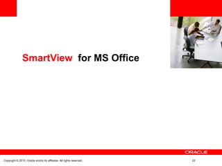 <Insert Picture Here>


               SmartView for MS Office




Copyright © 2010, Oracle and/or its affiliates. All rights reserved.           22
 