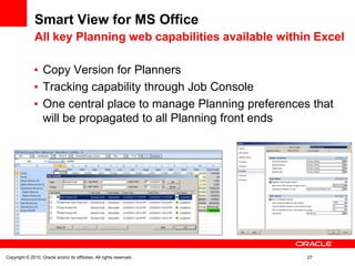 Smart View for MS Office
               All key Planning web capabilities available within Excel

                   Copy Version for Planners
                   Tracking capability through Job Console
                   One central place to manage Planning preferences that
                   will be propagated to all Planning front ends




Copyright © 2010, Oracle and/or its affiliates. All rights reserved.   27
 