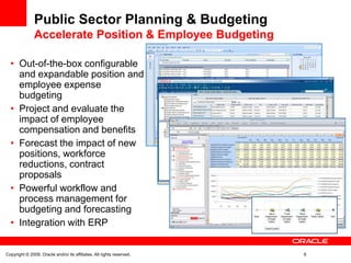 Public Sector Planning & Budgeting
               Accelerate Position & Employee Budgeting

  • Out-of-the-box configurable
    and expandable position and
    employee expense
    budgeting
  • Project and evaluate the
    impact of employee
    compensation and benefits
  • Forecast the impact of new
    positions, workforce
    reductions, contract
    proposals
  • Powerful workflow and
    process management for
    budgeting and forecasting
  • Integration with ERP


Copyright © 2009, Oracle and/or its affiliates. All rights reserved.   6
 
