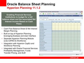 Oracle Balance Sheet Planning
     Hyperion Planning 11.1.2

      Enabling Financial Services
    Institutions to budget for a full
balance sheet and the associated Net
   Interest Income Based on Cash
                 Flows

 Cash Flow Balance Sheet & Net Interest
 Margin Planning
 Built on top of Hyperion Planning,
 leveraging Essbase and User Interface
 Separate Hyperion Planning Module
 (Like CAPEX & Workforce)
 Integration with Hyperion CapEx and
 Workforce Planning
 Integrated with Oracle Financial Services
 Profitability Management, Funds
 Transfer Pricing, and ALM
 