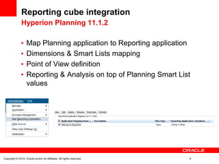 Reporting cube integration
               Hyperion Planning 11.1.2

                   Map Planning application to Reporting application
                   Dimensions & Smart Lists mapping
                   Point of View definition
                   Reporting & Analysis on top of Planning Smart List
                   values




Copyright © 2010, Oracle and/or its affiliates. All rights reserved.   9
 