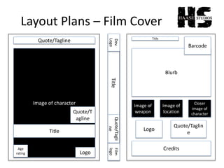 Layout Plans – Film Cover
Quote/Tagline
Image of character
Title
Quote/T
agline
Logo
Title
Image of
weapon
Blurb
Credits
Quote/Taglin
e
Logo
Image of
location
Closer
image of
character
Title
Film
logo
Quote/Tagli
ne
Age
rating
Dev.
Logo
Barcode
 