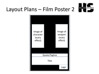 Layout Plans – Film Poster 2
Quote/Tagline
Title
Logo
Image of
character
(scary
effect)
Image of
weapon
(scary
effect)
 