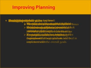 Improving Planning 
• Setting clear goals: 
Management Proper Planning Comprehensive: 
understanding: 
must information start at the system: 
top level: 
• Developing realistic plans: 
 Effective planning requires objectives . 
 Objectives should be understandable & 
rational. 
 The goal should be set out first & then 
departmental & unit goals should be 
consistent with the overall goals. 
Planning All The members facts plan should & must figures concerned be cover set must at each the with be top available 
& 
plan 
level 
The to execution the top manager management must before have proper 
rigorously 
formulating 
understanding. 
plans 
reviews performance. 
It A naturally good plan simulates is the one planning 
which is well 
throughout understood by the those organization. 
who are involved in 
implementation. 
 Plans are formulated at different times 
by the management. 
 Planning should be consistent for 
proper education of planning. 
Economical : 
 planner must under take cost 
benefit every aspect analysis of to business. 
ensure that the 
benefit of planning is more than the 
cost involve in it. 
Flexibility : 
For achieving effective results , there 
should always be some scope to make 
necessary additional, deletions or 
alternative in the plan, as per 
requirement 
 