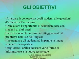 GLI OBIETTIVI ITC G. B. BODONI - PROGETTO OVIENT 2011/12  PROF A. MARTINI Allargare la conoscenza degli studenti alle questioni d’affari ed all’economia Dare a loro l’opportunità di scambiare idee con studenti di altri paesi Fare in modo che si formi un atteggiamento di prontezza nell’uso dell’inglese Incoraggiare gli studenti ad imparare le lingue straniere meno parlate Migliorare l’abilità ad usare varie forme dì informazione e le nuove tecnologie 