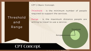 CPT 2 Basic Concept:
Threshold - is the minimum number of people
required to support the services.
Range - is the maximum distance people are
willing to travel to use a service.
Threshold
Range
Threshold
and
Range
 