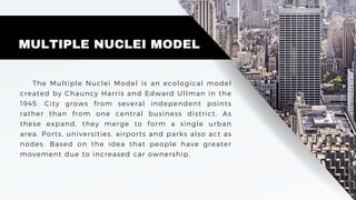 MULTIPLE NUCLEI MODEL
The Multiple Nuclei Model is an ecological model
created by Chauncy Harris and Edward Ullman in the
1945. City grows from several independent points
rather than from one central business district. As
these expand, they merge to form a single urban
area. Ports, universities, airports and parks also act as
nodes. Based on the idea that people have greater
movement due to increased car ownership.
 