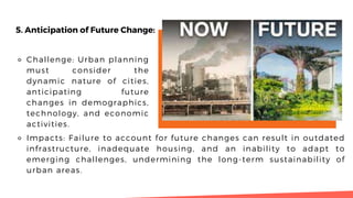 5. Anticipation of Future Change:
⚬ Challenge: Urban planning
must consider the
dynamic nature of cities,
anticipating future
changes in demographics,
technology, and economic
activities.
⚬ Impacts: Failure to account for future changes can result in outdated
infrastructure, inadequate housing, and an inability to adapt to
emerging challenges, undermining the long-term sustainability of
urban areas.
 