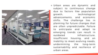 ⚬ Urban areas are dynamic and
subject to continuous change
due to factors like population
growth, technological
advancements, and economic
shifts. The challenge lies in
planning for future changes that
are often unpredictable. Failure
to anticipate and adapt to
emerging trends can result in
outdated infrastructure,
insufficient housing, and an
inability to meet evolving needs,
undermining the long-term
sustainability and resilience of
urban areas.
 
