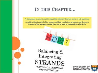 IN THIS CHAPTER…
A Language course is set to meet the ultimate learner aims in L2 learning:
to achieve fluent control of the sounds, spelling, vocabulary, grammar and discourse
features of the language, so that they can be used to communicate effectively
 