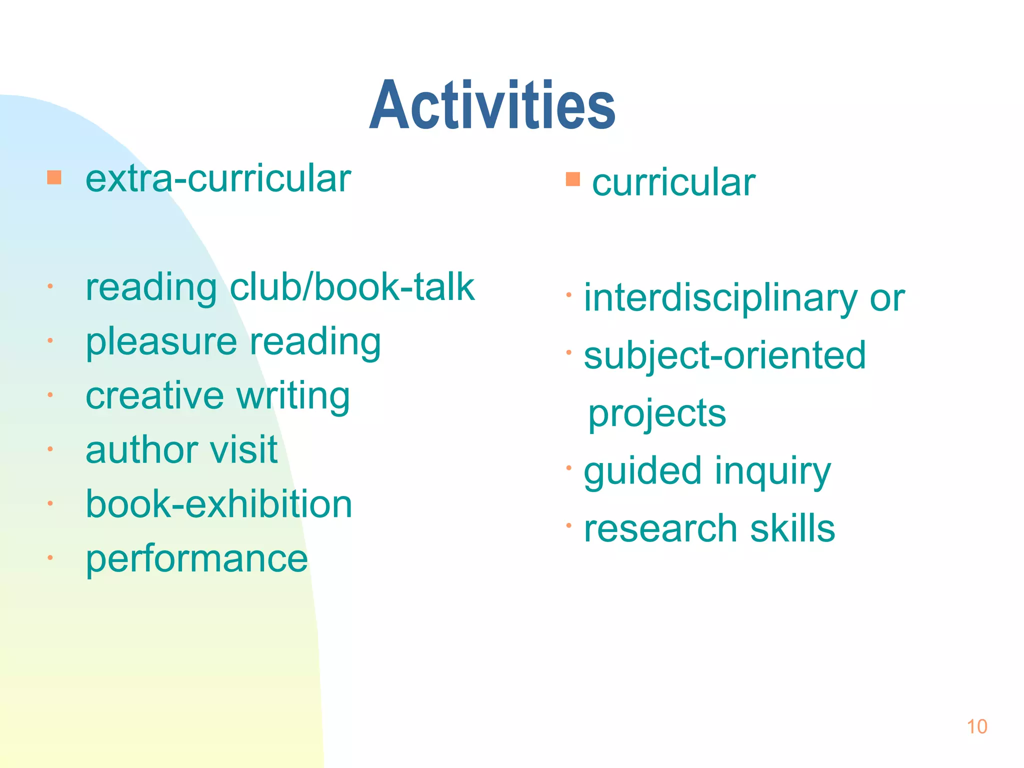 Activities extra-curricular reading club/book-talk pleasure reading creative writing author visit book-exhibition performance curricular interdisciplinary or subject-oriented  projects  guided inquiry research skills 