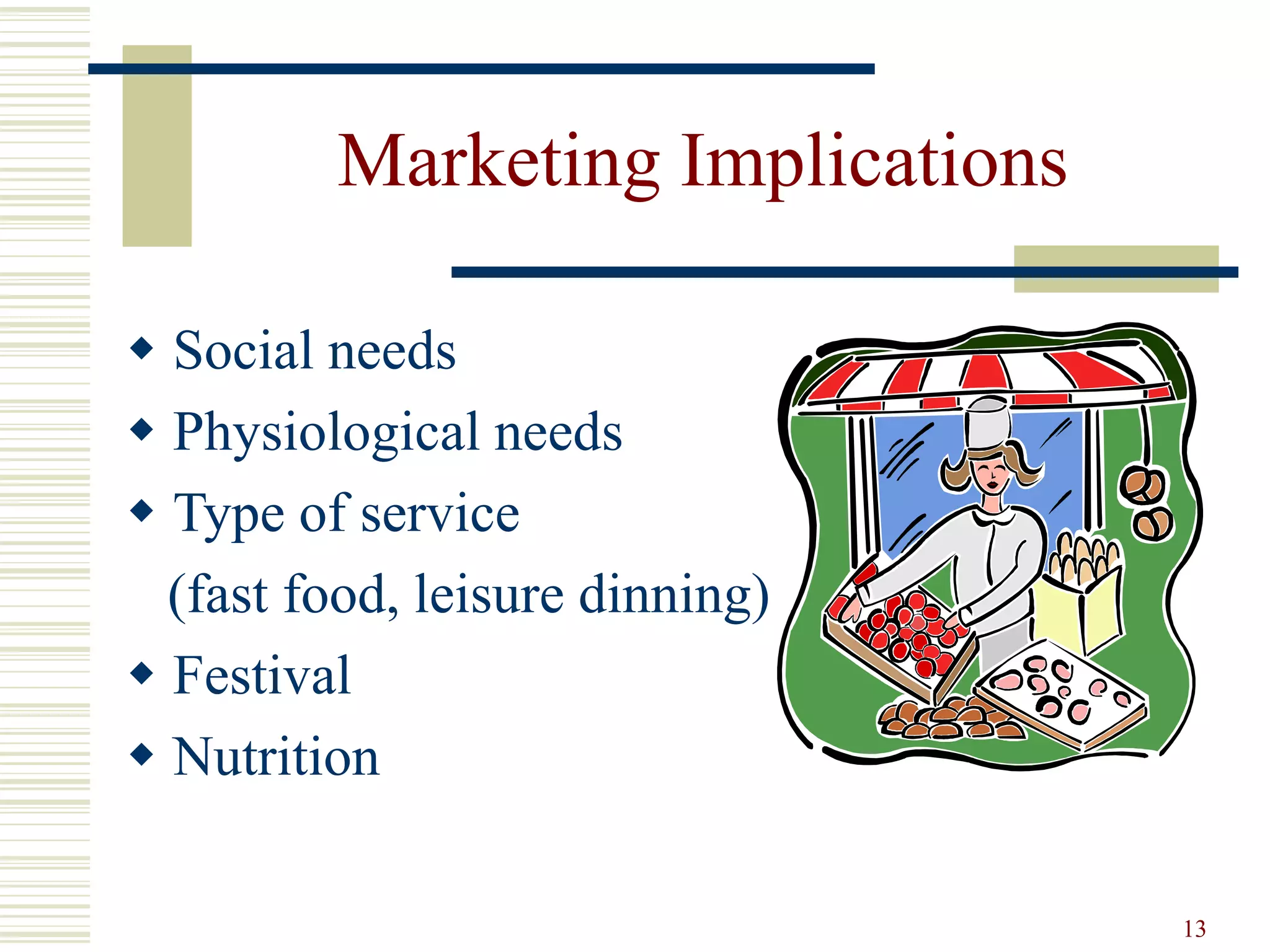 13
Marketing Implications
 Social needs
 Physiological needs
 Type of service
(fast food, leisure dinning)
 Festival
 Nutrition
 