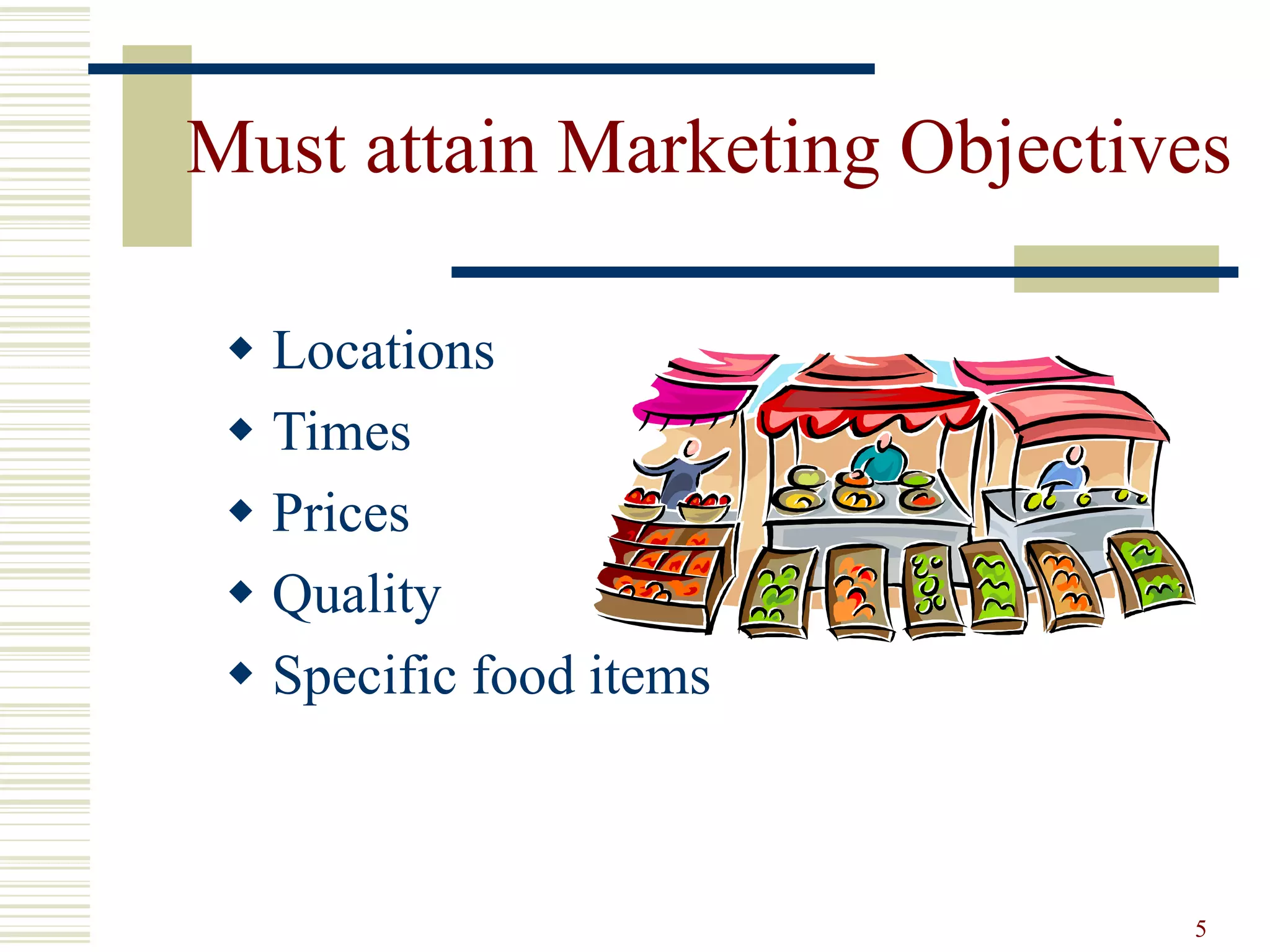5
Must attain Marketing Objectives
 Locations
 Times
 Prices
 Quality
 Specific food items
 