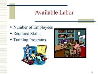 11
Available Labor
 Number of Employees
 Required Skills
 Training Programs
 