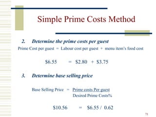71
Simple Prime Costs Method
2. Determine the prime costs per guest
Prime Cost per guest = Labour cost per guest + menu item’s food cost
$6.55 = $2.80 + $3.75
3. Determine base selling price
Base Selling Price = Prime costs Per guest
Desired Prime Costs%
$10.56 = $6.55 / 0.62
 