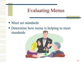 40
Evaluating Menus
 Must set standards
 Determine how menu is helping to meet
standards
 