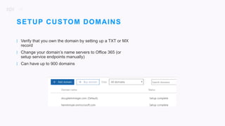 10
| Verify that you own the domain by setting up a TXT or MX
record
| Change your domain’s name servers to Office 365 (or
setup service endpoints manually)
| Can have up to 900 domains
SETUP CUSTOM DOMAINS
 