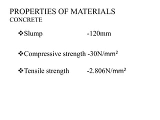 PROPERTIES OF MATERIALS
CONCRETE
Slump -120mm
Compressive strength -30N/mm2
Tensile strength -2.806N/mm2
 