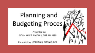 Planning and
Budgeting Process
Presented by:
BJORN KAYE T. NICOLAS, EMT, RN, MSN
Presented to: JOSEFINA B. BITONIO, DPA
 