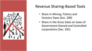 Revenue Sharing-Based Tools
• Share in Mining, Fishery and
Forestry Taxes (Sec. 290)
• Share in the Gross Sales on taxes of
Government-Owned and Controlled
corporations (Sec. 291)
 