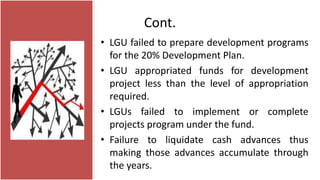 Cont.
• LGU failed to prepare development programs
for the 20% Development Plan.
• LGU appropriated funds for development
project less than the level of appropriation
required.
• LGUs failed to implement or complete
projects program under the fund.
• Failure to liquidate cash advances thus
making those advances accumulate through
the years.
 