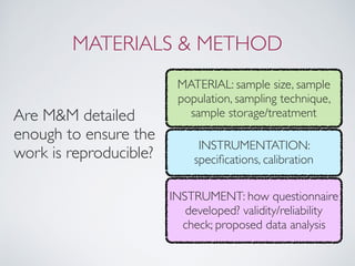 MATERIALS & METHOD
Are M&M detailed
enough to ensure the
work is reproducible?
MATERIAL: sample size, sample
population, sampling technique,
sample storage/treatment
INSTRUMENTATION:
speciﬁcations, calibration
INSTRUMENT: how questionnaire
developed? validity/reliability
check; proposed data analysis
 