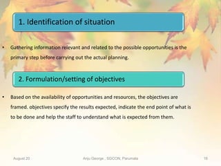 August 20 Anju George , SGCON, Parumala 16
• Gathering information relevant and related to the possible opportunities is the
primary step before carrying out the actual planning.
• Based on the availability of opportunities and resources, the objectives are
framed. objectives specify the results expected, indicate the end point of what is
to be done and help the staff to understand what is expected from them.
2. Formulation/setting of objectives
1. Identification of situation
 