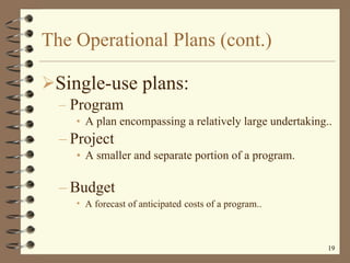 The Operational Plans (cont.) Single-use plans: Program A plan encompassing a relatively large undertaking.. Project A smaller and separate portion of a program. Budget  A forecast of anticipated   costs of a program.. 