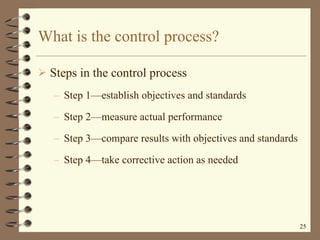 What is the control process? Steps in the control process Step 1 —e stablish objectives and standards Step 2 —m easure actual performance Step 3 —c ompare results with objectives and standards Step 4 —t ake corrective action as needed 