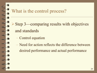 What is the control process? Step 3 —c omparing results with objectives and standards Control equation  Need for action reflects the difference between desired performance and actual performance 