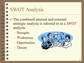 SWOT Analysis The combined internal and external strategic analysis is referred to as a  SWOT  analysis. S trengths W eaknesses O pportunities T hreats 