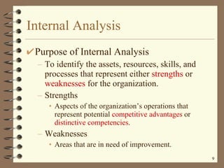 Internal Analysis Purpose of Internal Analysis To identify the assets, resources, skills, and processes that represent either  strengths  or  weaknesses  for the organization. Strengths Aspects of the organization’s operations that represent potential  competitive advantages  or  distinctive competencies . Weaknesses Areas that are in need of improvement. 